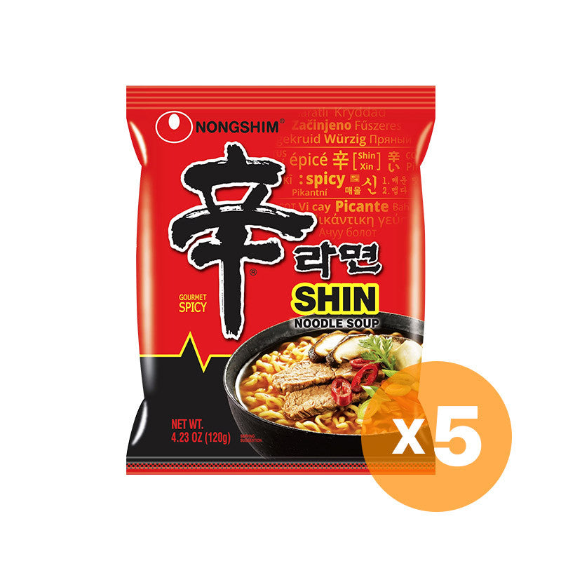 Shin Ramyun 5 pack spicy Korean instant noodles product packaging