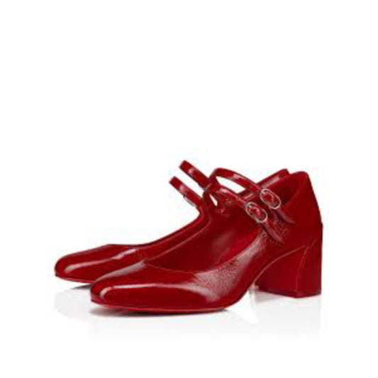 Christian Louboutin Miss Jane 55 pumps in LOUBI red patent leather with double strap and signature red sole
